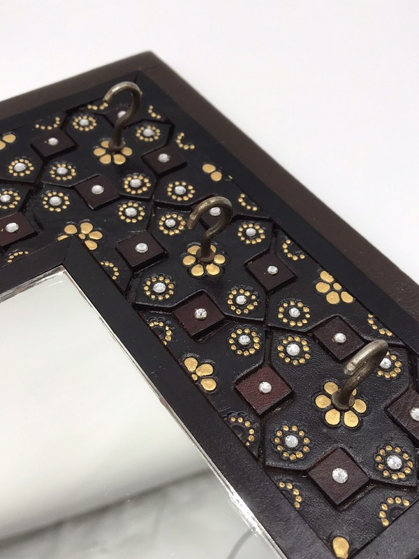 Vtg Boho Tooled Dark Leather Framed Wall Mirror Floral Jeweled Design Key Hooks gallery