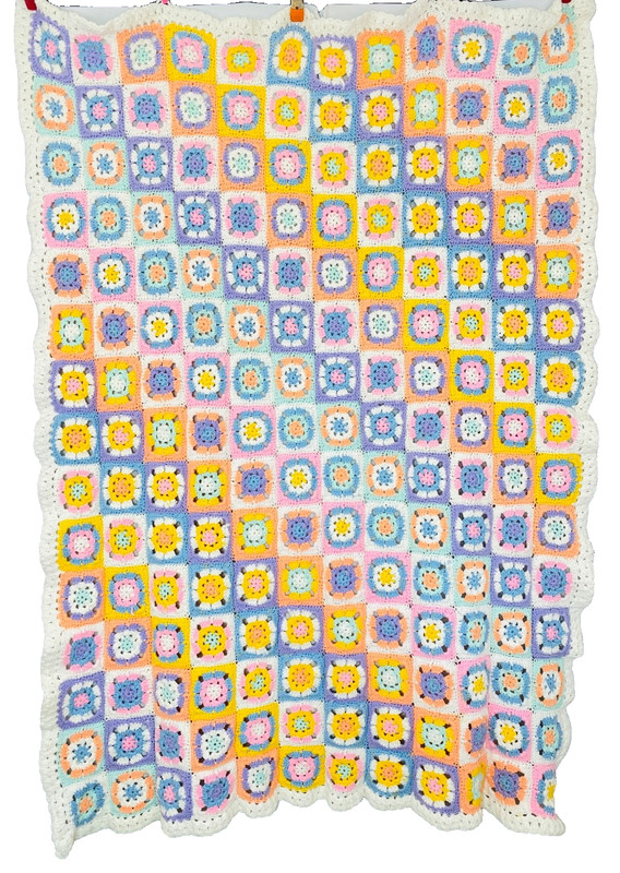 Vintage 1970s pastel granny square afghan white colorful yellow blue pink