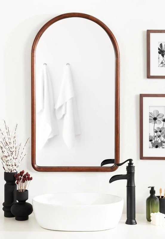 Transitional Arched Wall Mirror – 20×36 Dark Walnut Solid Wood Frame