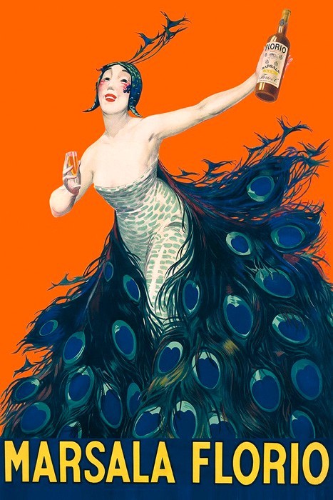 MARSALA FLORIO WINE FASHION GIRL PEACOCK DRESS ITALY SICILY VINTAGE POSTER REPRO