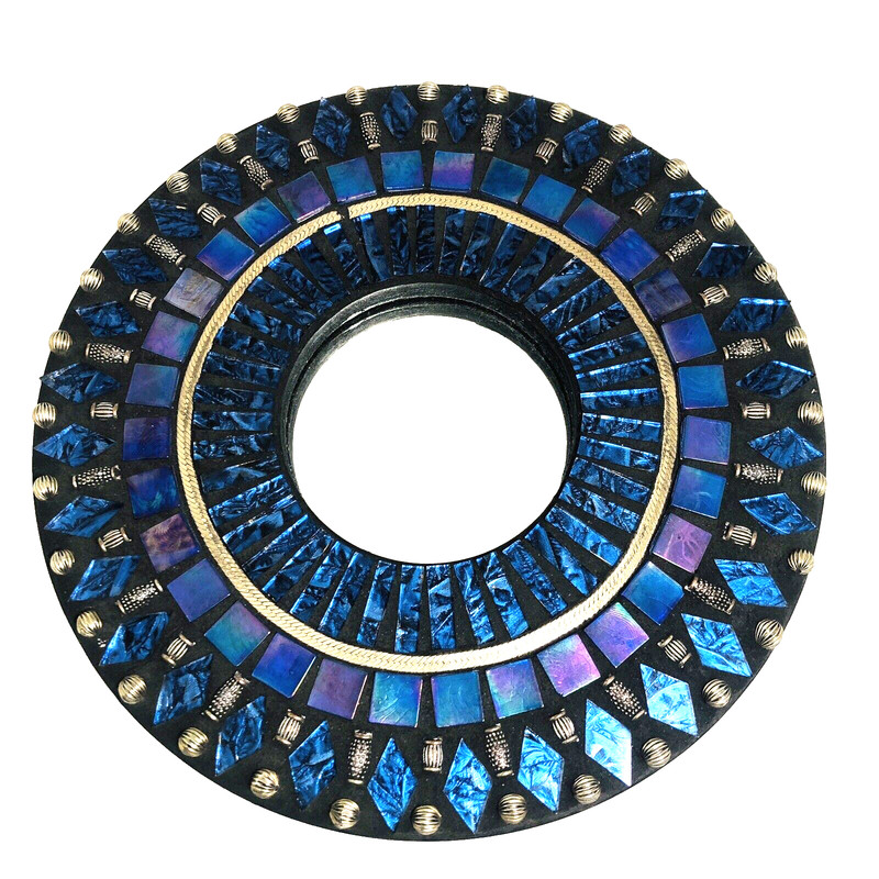 Hand-made Dibbits Mirror Blue Glass Mosaic Metal Round Original Art 10″