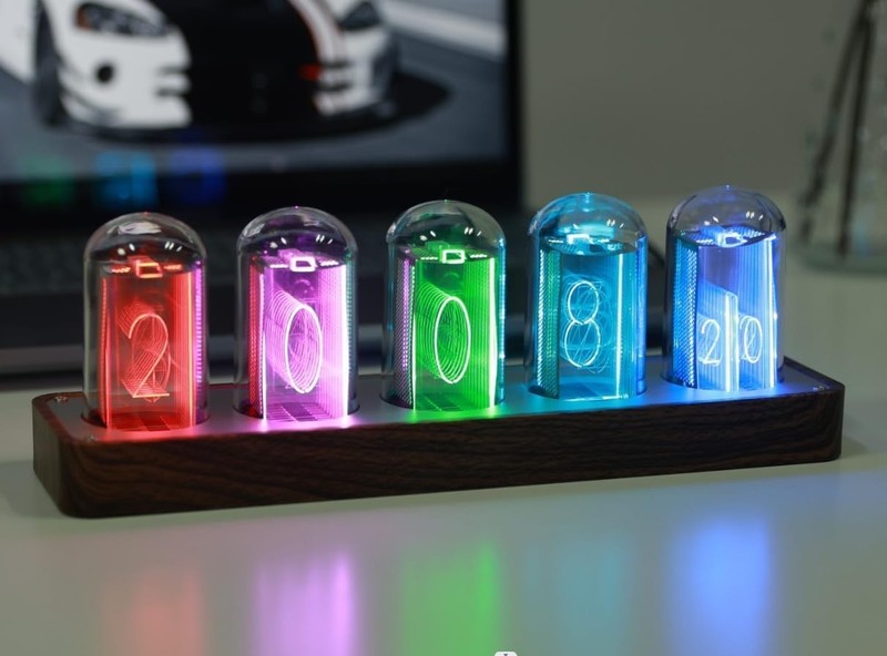Retro Nixie Tube Clock with Wi-Fi Sync, Alarm & Timer - Wood Grain Design gallery