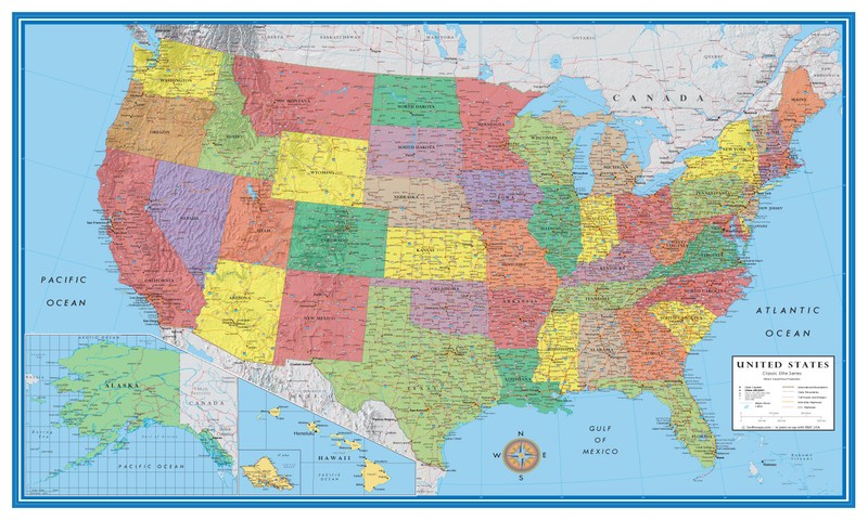 48×78 United States, USA, US Classic Elite Large Wall Map Poster Mural Art Decor