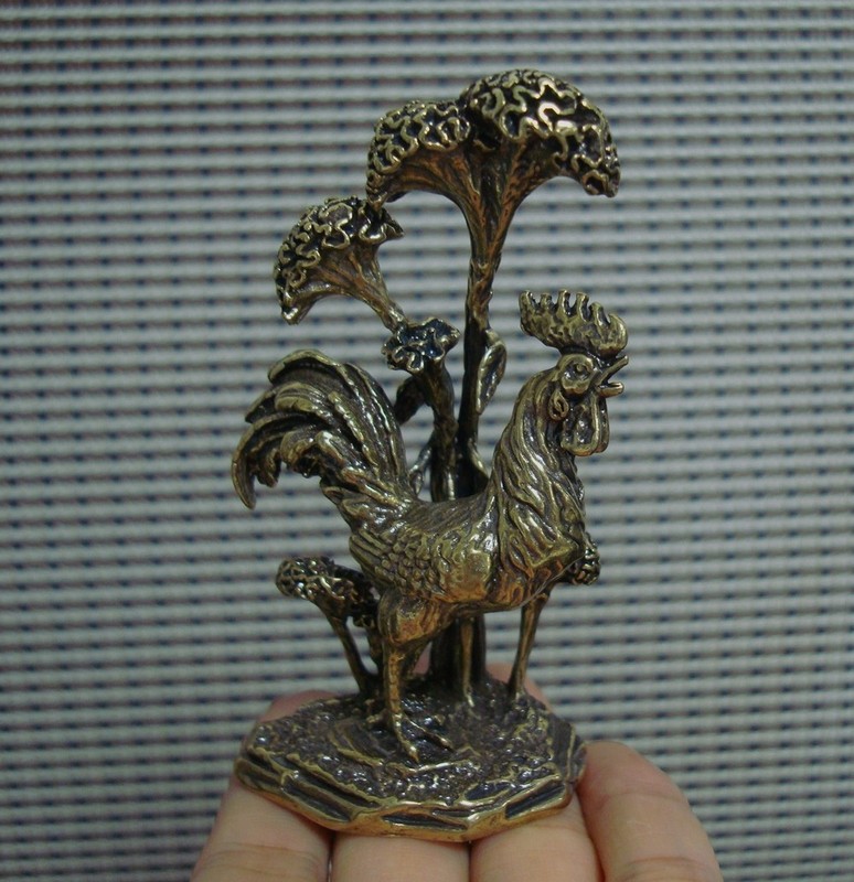 Vintage Style Solid Brass Copper Flowers and Rooster Figurine Statue Home Decor gallery