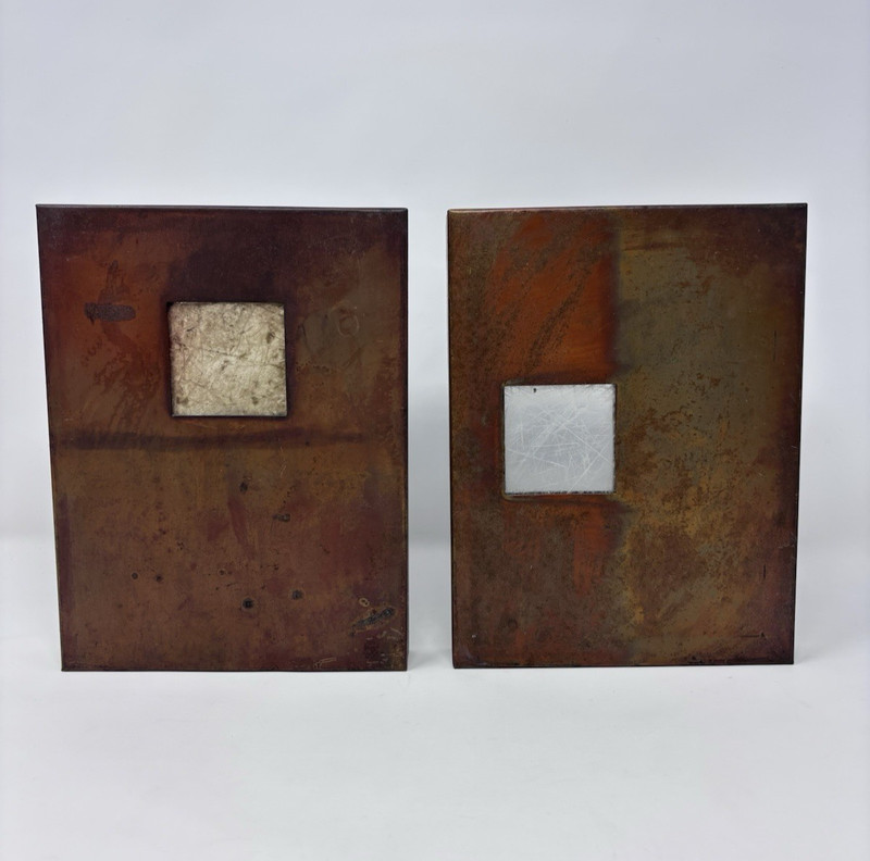 Mixed Media Art Pair Patinated Copper Plate Abstract Minimalist Modern Duo