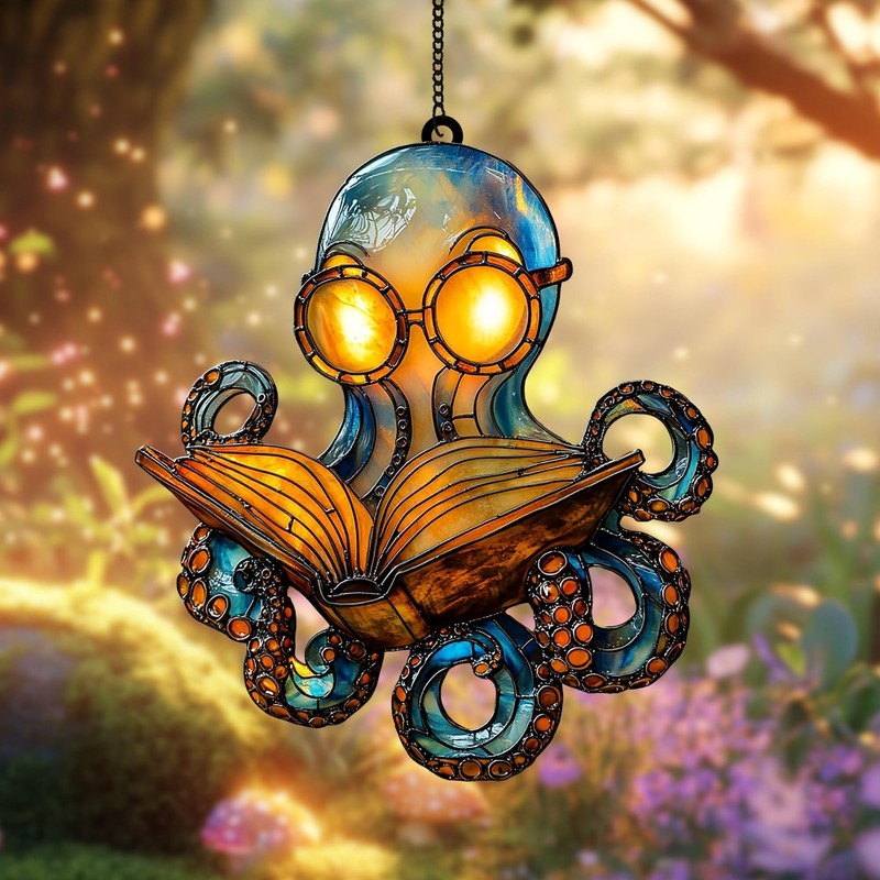 Reading Octopus Acrylic Suncatcher – Cute Nerdy Sea Creature with Book gallery
