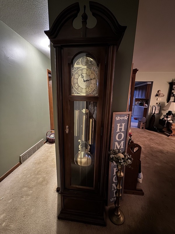 Traditional Brown Grandfather Clock Wood Glass Crowned Top Pendulum