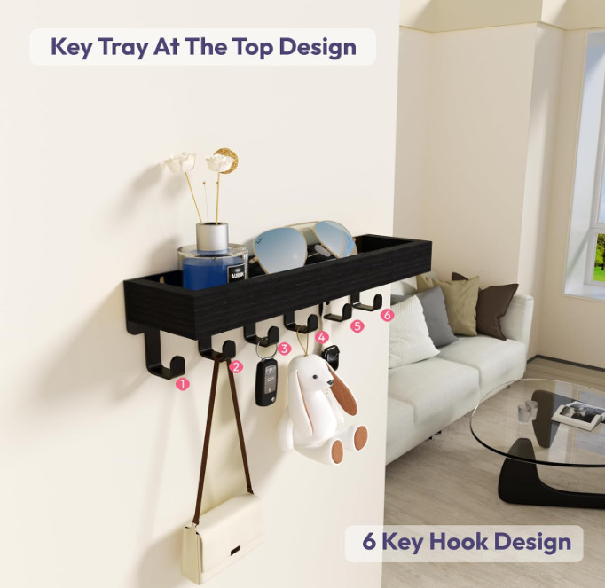 Wall Mount Key Holder With Shelf 5 Hooks Entryway Organizer For Mail Leash Glass gallery