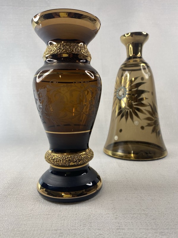 Vtg Pair Hand Painted Japan Bohemian Glass Gilt Amethyst BUD VASE Enamel Flowers gallery