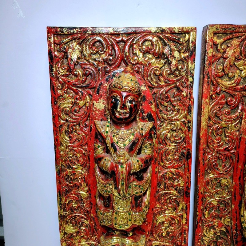 Vintage Thai Burmese Hand Carved Wood Buddha Wall Panels Set of 2 Red Gold 24x12 gallery