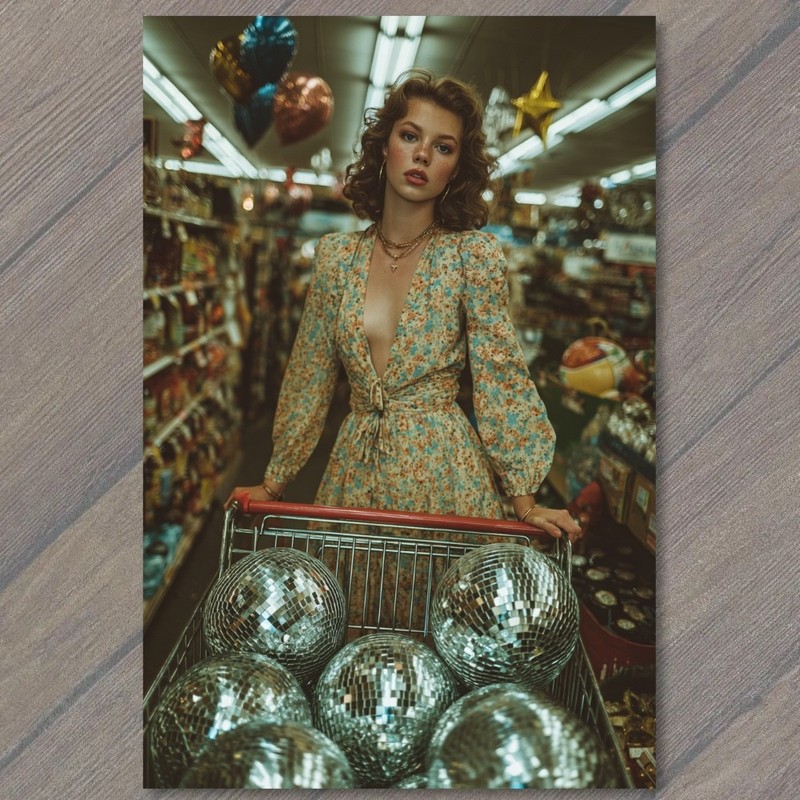 Art Print Retro Grocery Disco Ball Cart Floral Dress Glamour Aisle Beauty