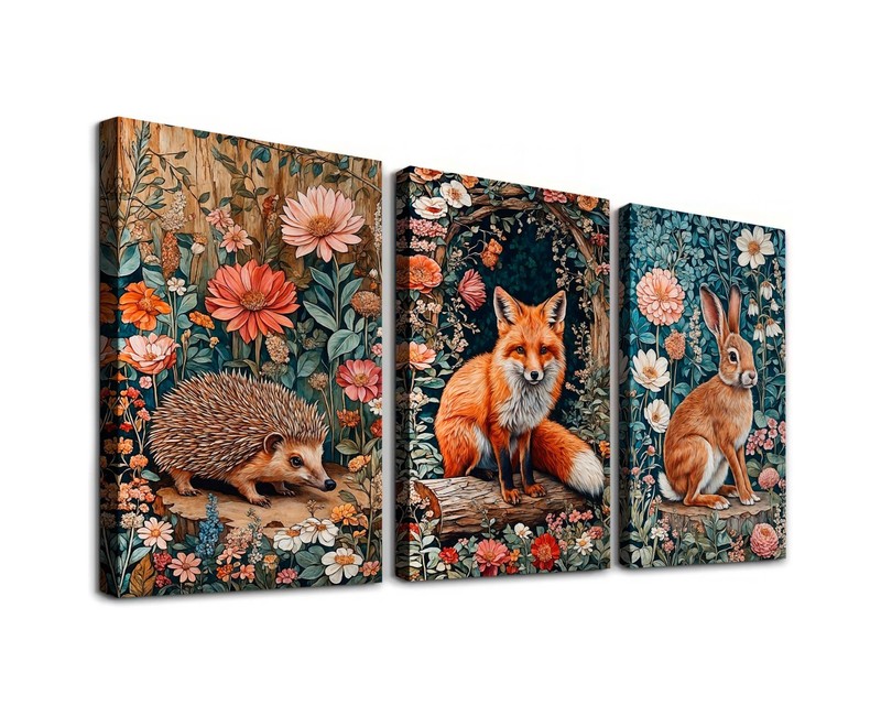 William Morris Canvas Prints, Set of 3 Fox - Rabbit - Hedgehog Canvas Wall art gallery