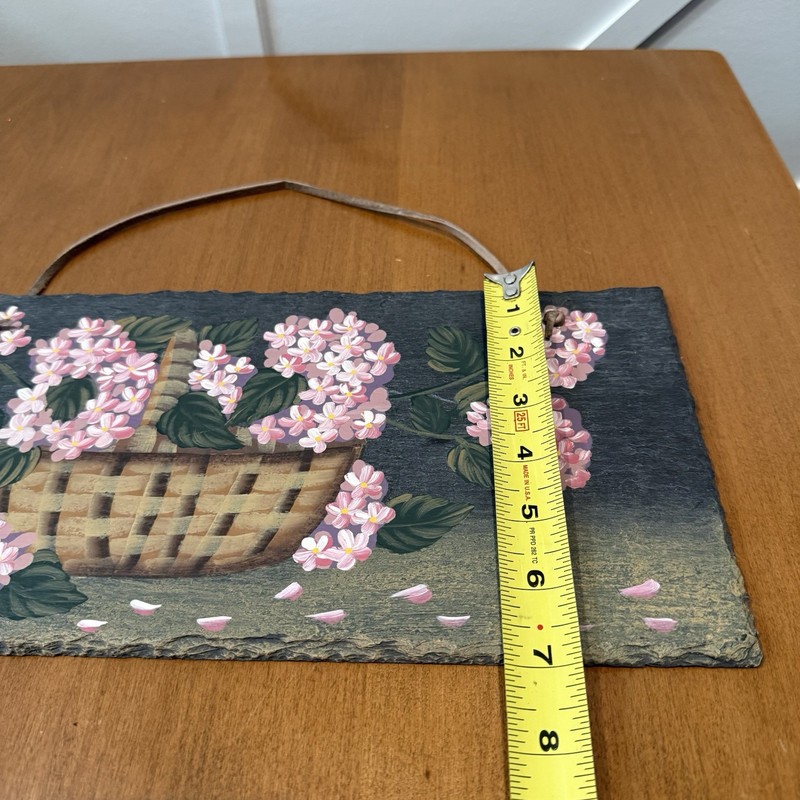 Natural Slate Handpainted Pink White Flower Basket Plaque Folk Art Farmhouse gallery