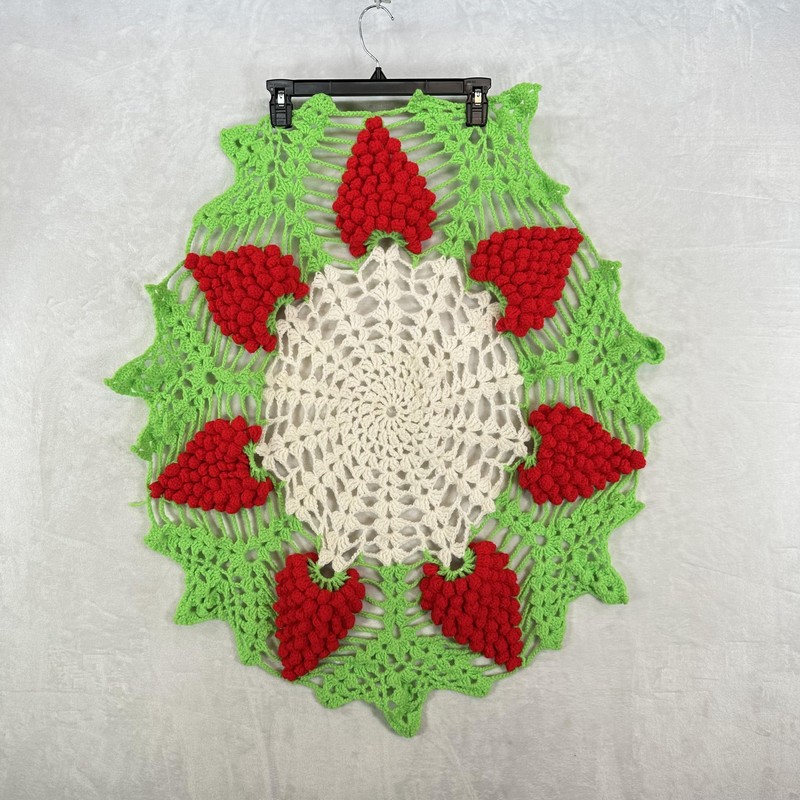Handmade Crochet Doily Table Topper Strawberry Design Red Green White Kitschy