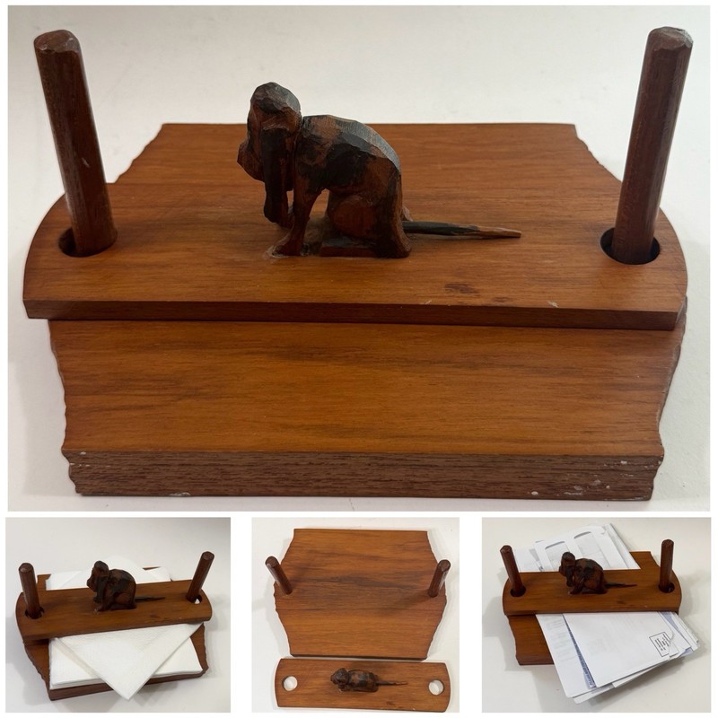 Vintage Folk Art Hand Carved Wood Hound Dog Desk Mail Organizer or Napkin Holder