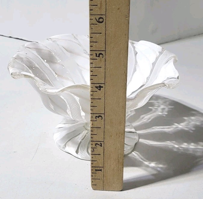 Italian Murano Style White Ribbon Swirl Art Glass Pedestal Candy Dish Co Vintage gallery