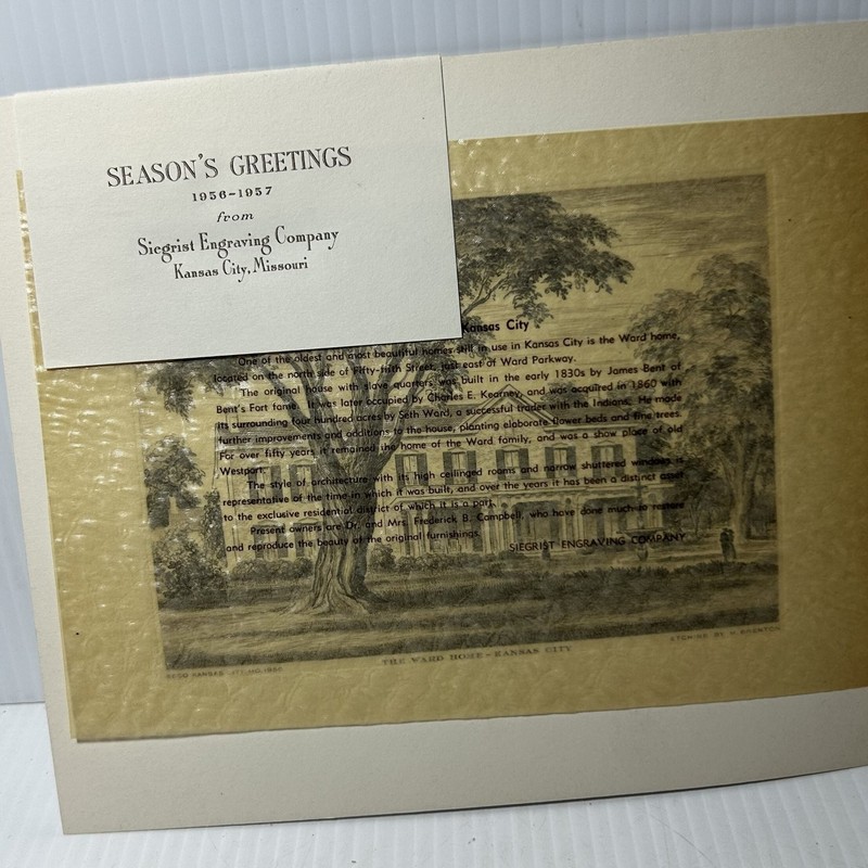 Vintage 1956 Siegrist Engraving Co Ward Home Kansas City Etching Print