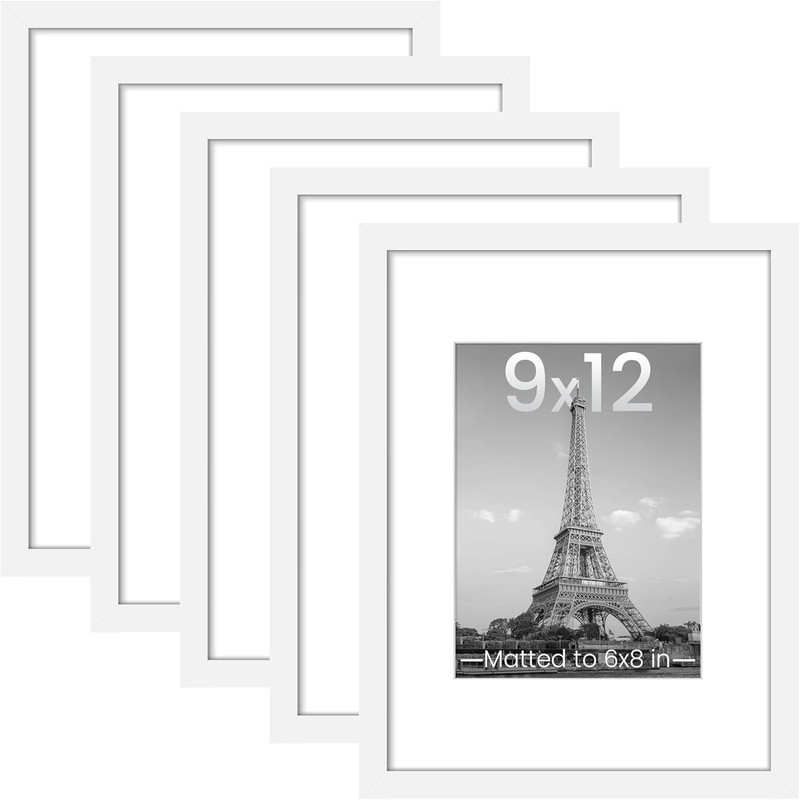 Picture Frame Set of 5,Display Pictures 6×8 with Mat or 9 x 12 Without,White