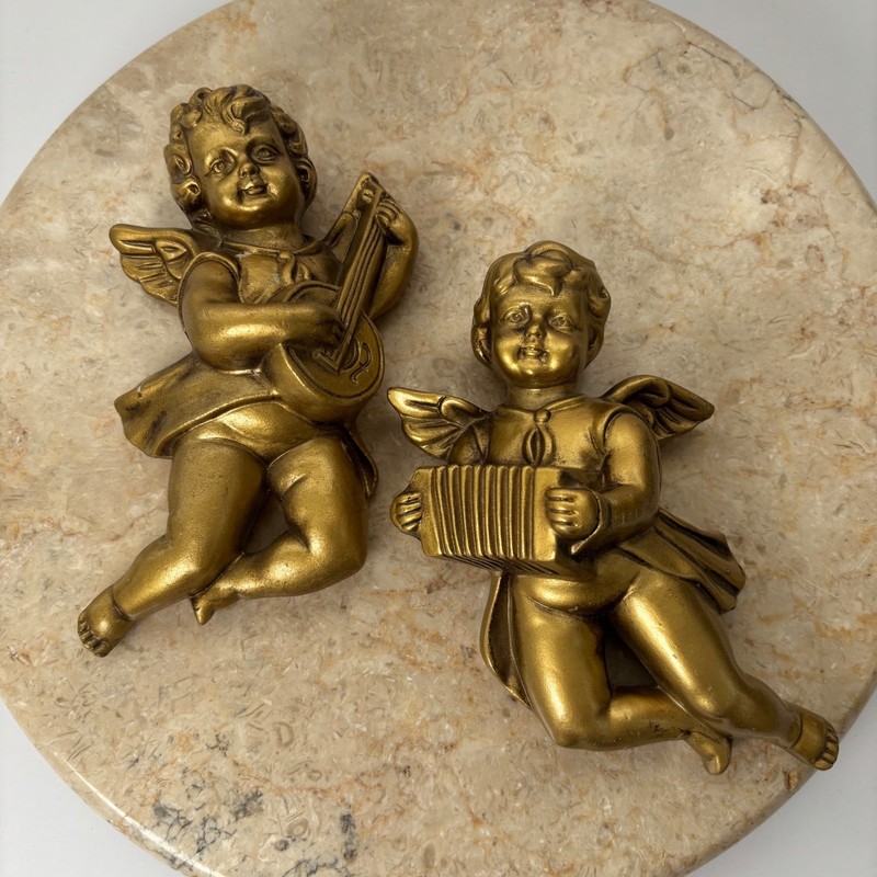 Vintage Brass Cherub Angels Playing Music Figurines Set of 2 Wall Decor Banjo