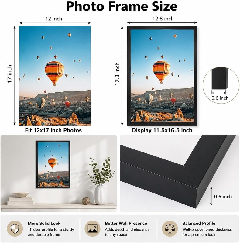 Classic 12x17 Black Picture Frame - Perfect Gift for All Occasions & Easy Setup gallery