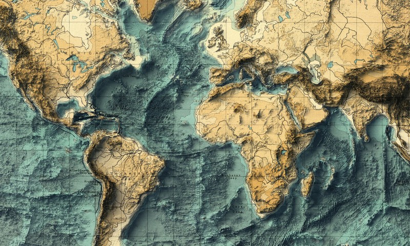 World Bathymetrical Map, World 2D Relief Map, World Vintage Map - 2D Flat gallery
