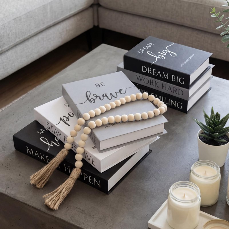 6 Aesthetic Decorative Books Set with Tassel Wood Bead Motivational Table Dec... gallery