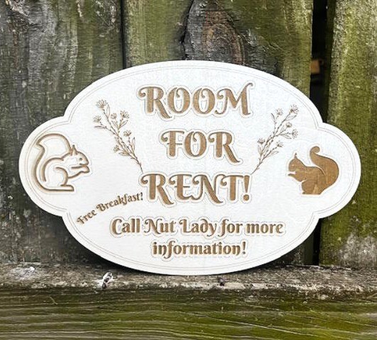Cute SQUIRREL HOUSE/NESTING BOX engraved basswood ‘ROOM FOR RENT’ custom SIGN