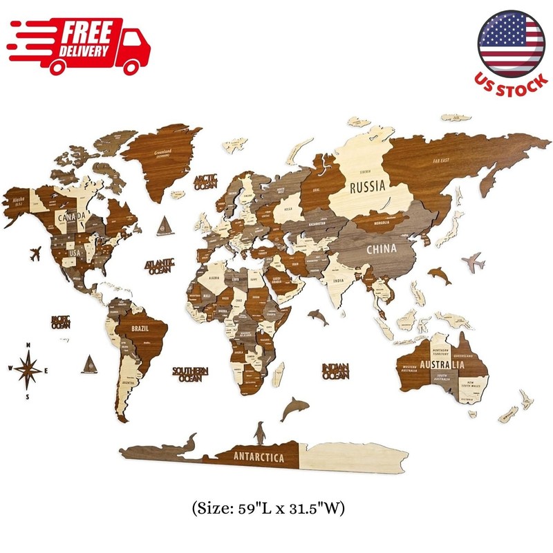 Multilayer 3D Wooden World Map, Travel Map States and Capitals, Wall Decor