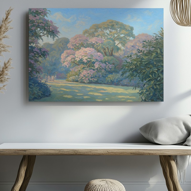 Pastoral Landscape Canvas Wall Art Pink Flowering Trees Sunny Garden Scene Print gallery