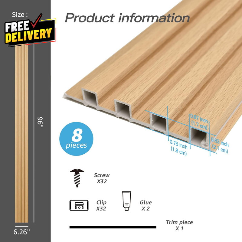 8 Pack WPC Acoustic Slat Wall Panels 96x6 Oak Modern Interior Decor gallery