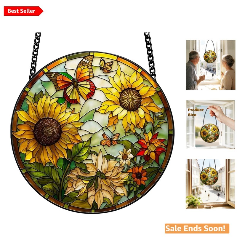 Sunflower Stained Glass Window Hanging for Home Decor in Vibrant Yellow