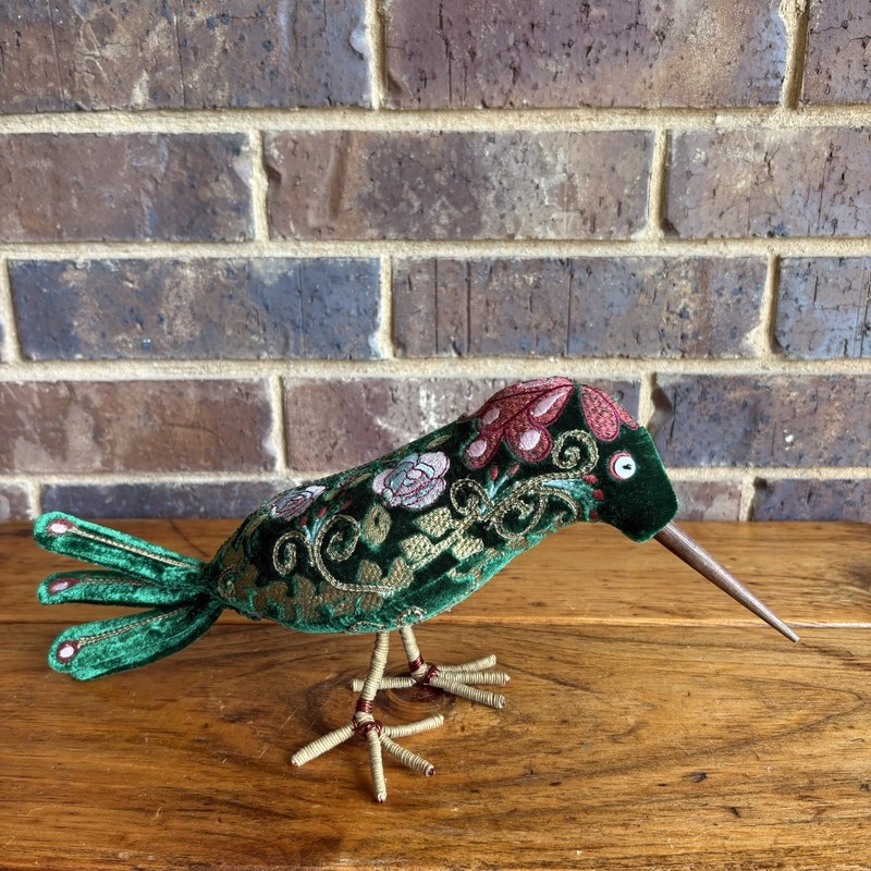 Anke Drechsel Kingfisher Embroidered Velvet Bird Figurine Green Floral Decor