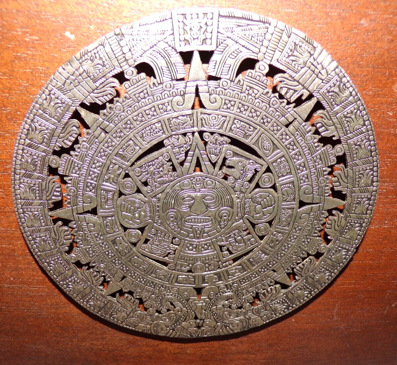 Vintage Aztec Calendar Plaque Silver Metal Wood Sun Solar Calendario Azteca