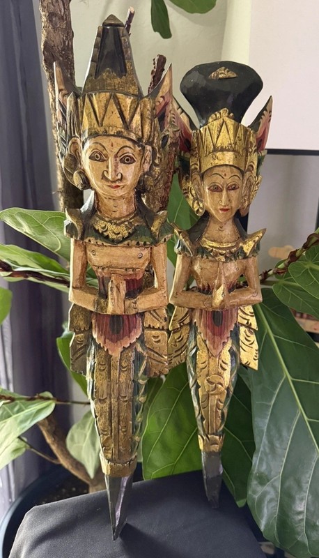 Balinese Temple Guardian Pair Hand Carved Wood Sculptures Vintage Wall Art 18”