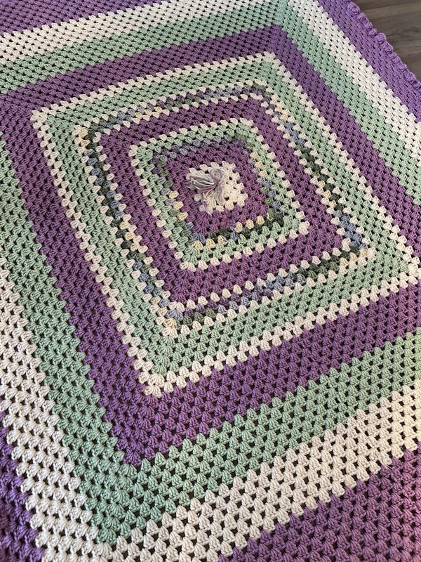 Handmade Afghan Throw In Lilac, Light Green, Beautiful Craftsmanship.