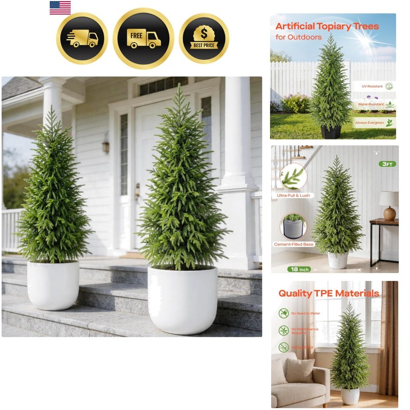 3FT Potted Outdoor Topiary Set of 2, UV Resistant Artificial Outdoor Plants w…