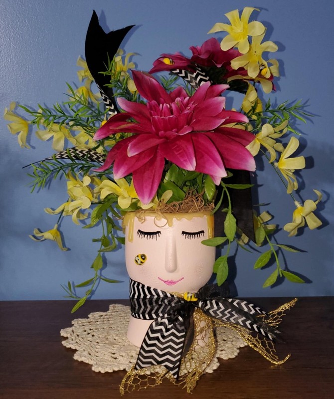 Handmade Floral Arrangement Whimsical Planter Bumble Bee Fushia Yellow Forsythia