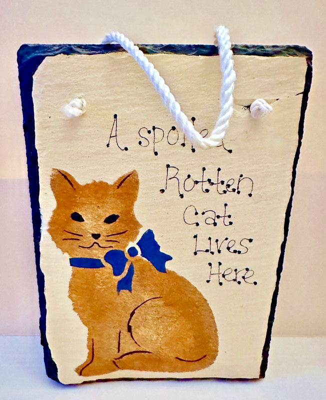Hand Painted Slate Hanging Plaque“A Spoiled Rotten Cat Lives Here” Ginger Vtg.