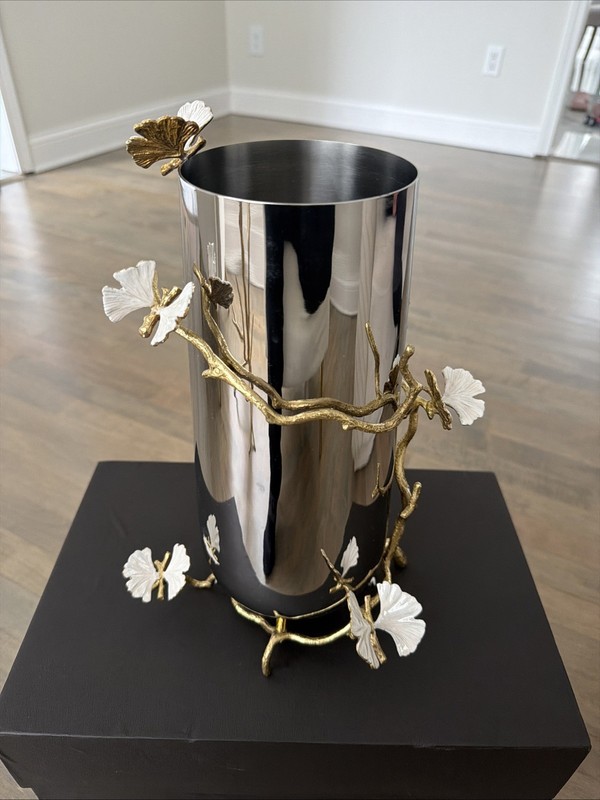 Michael Aram Ginkgo Collection Stainless Steel Wine Cooler / Vase Gold Branch