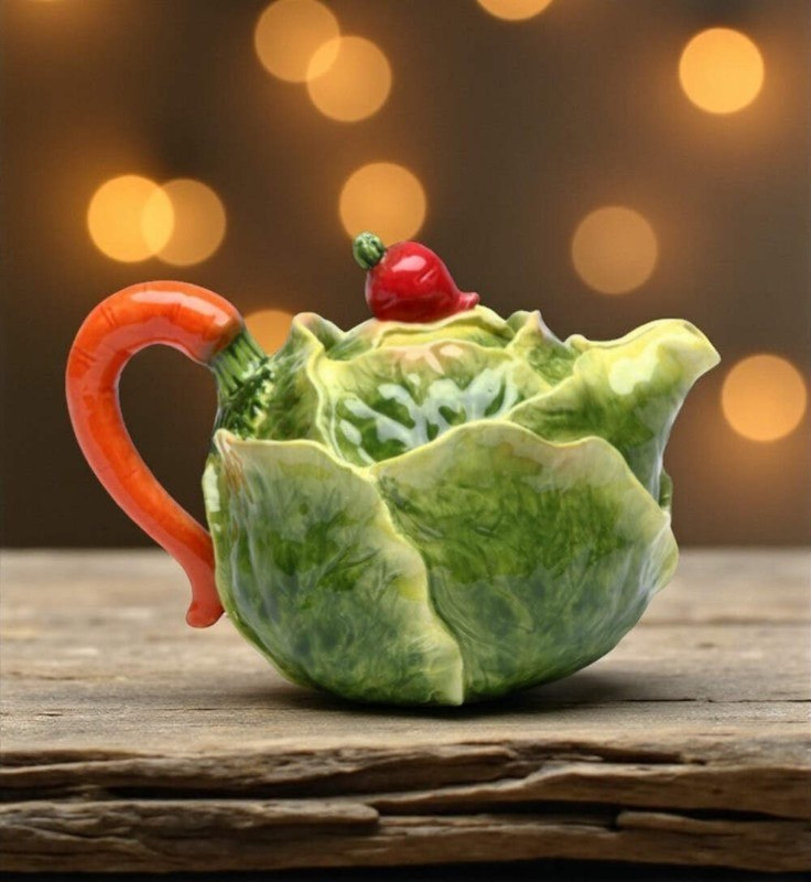 Ceramic Cabbage Teapot with Carrot Stick Lid, Gift for Her, Gift for Mom, Tea Pa gallery