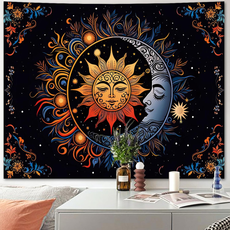 Tapestry Wall Hanging for Bedroom Aesthetic, Bohemian Mandala Sun and Moon Mysti