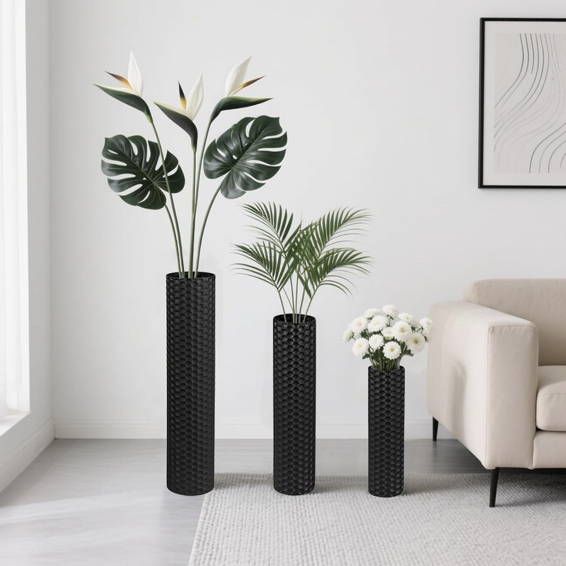 Black Tall Floor Vase - Set of 3 Extra Large Metal Decorative Vases for Living R gallery