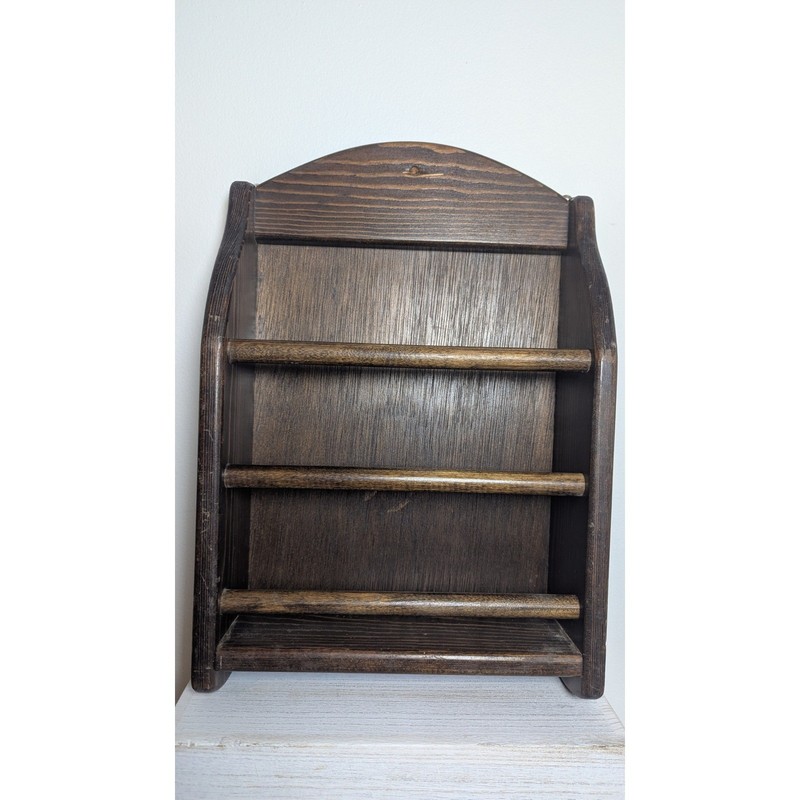 Rustic Dark Brown Wood Wall Mount Magazine Rack Arched Top Display 3 Spindle 15″