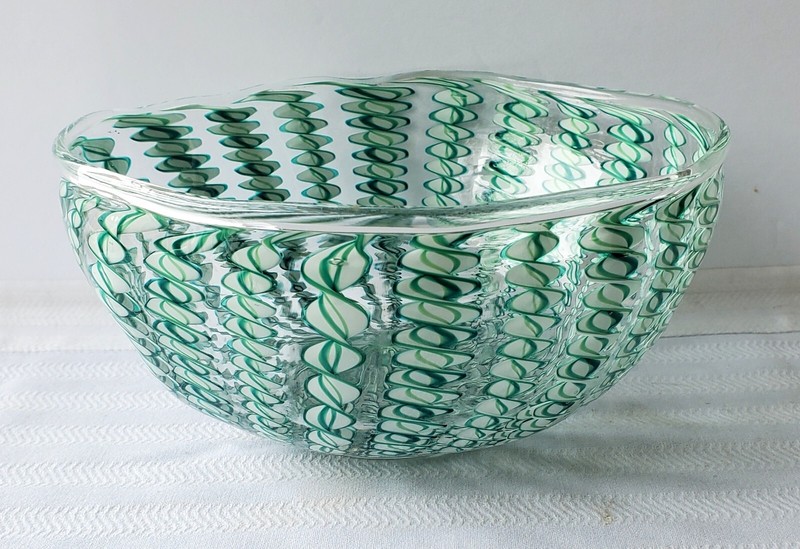 Superb Venetian Murano Glass Latticino Glass Bowl Mint Green and White Swirl
