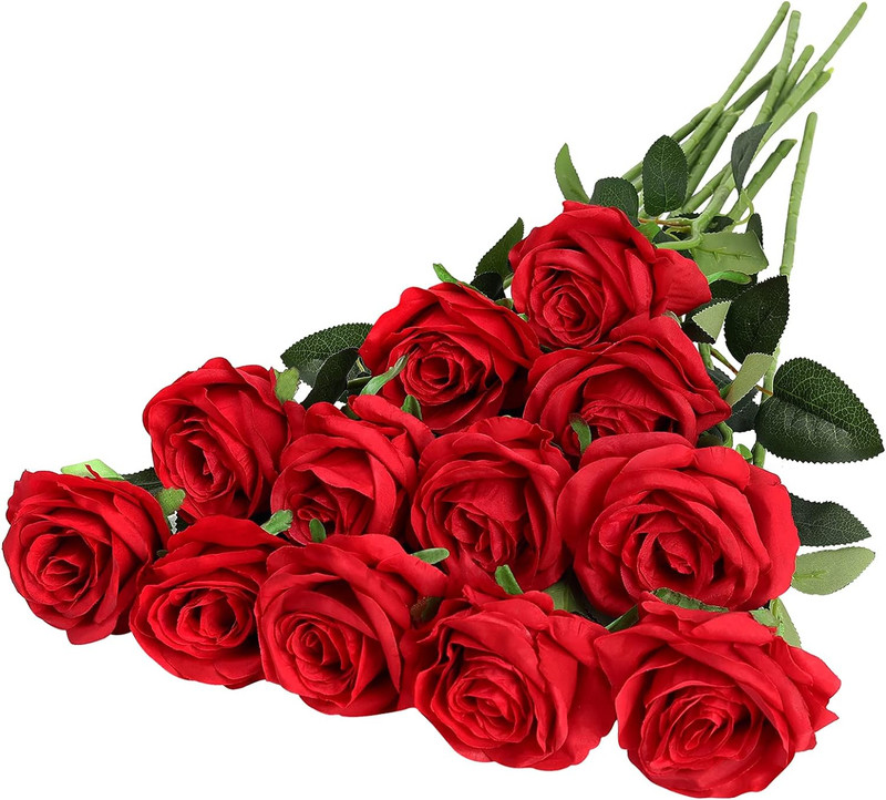 Hawesome 12PCS Artificial Silk Flowers Realistic Red- Roses Colors