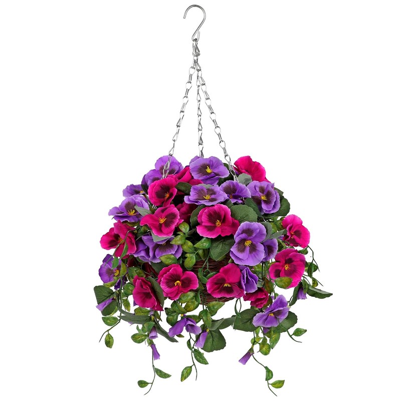 Artificial Hanging Basket Pansy Flowers Outdoor – 25.5” UV-Resistant Hot Pink…