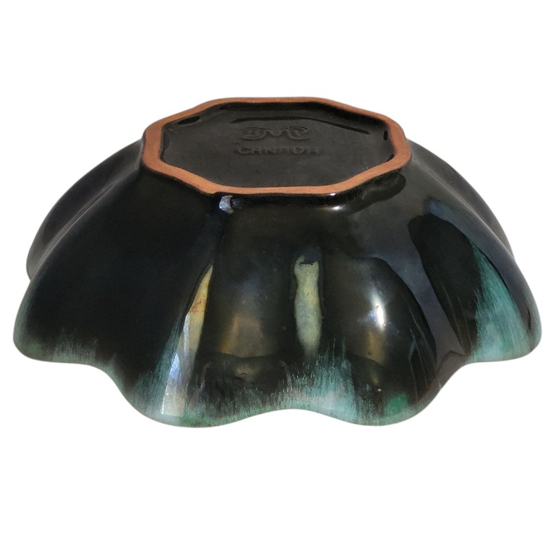 BMP Blue Mountain Pottery Blue Green Drip Glaze Bowl Ruffle Scallop Edge 10" gallery