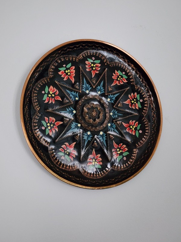 Vintage Turkish Copper Wall Plate Hand Painted Floral Black Enamel 8.5" gallery