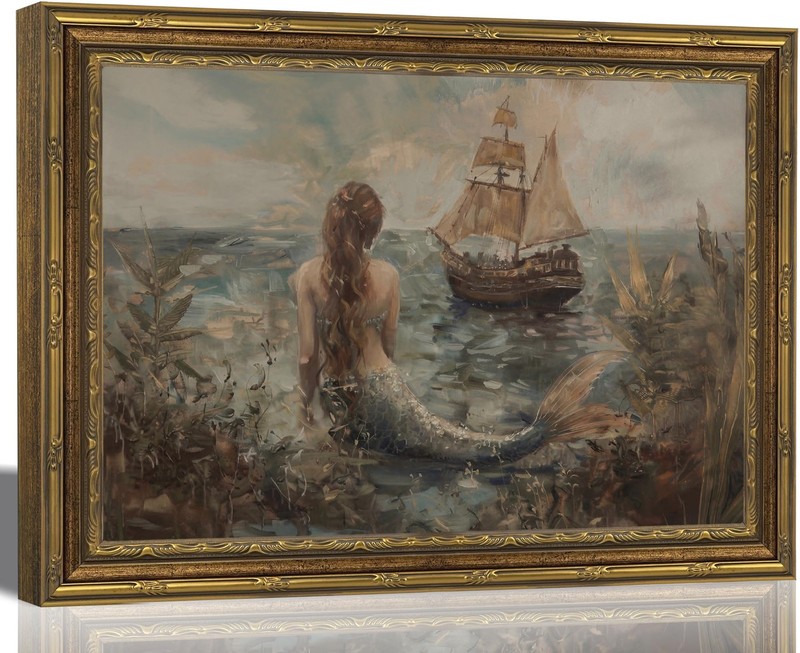 Vintage Mermaid Canvas Wall Art, Framed Nautical Ship Painting Picture Poster…