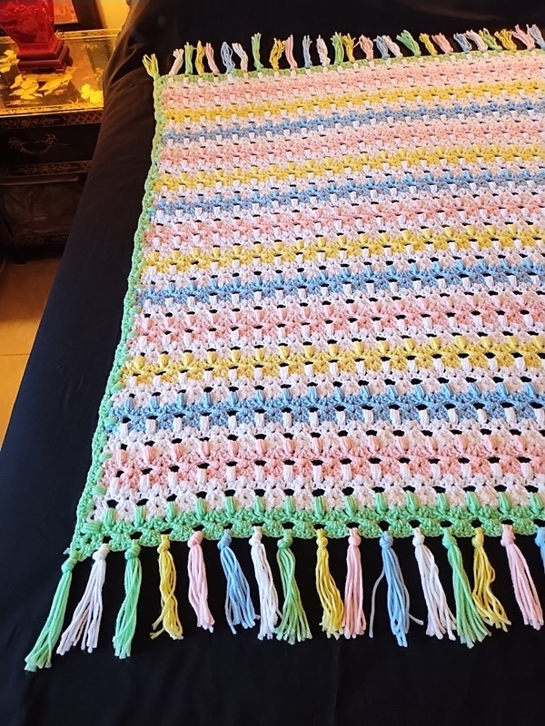 Hand Crochet Lap Throw Baby Blanket Pastel Pink Blue Yellow 48" + 4" Fringe gallery
